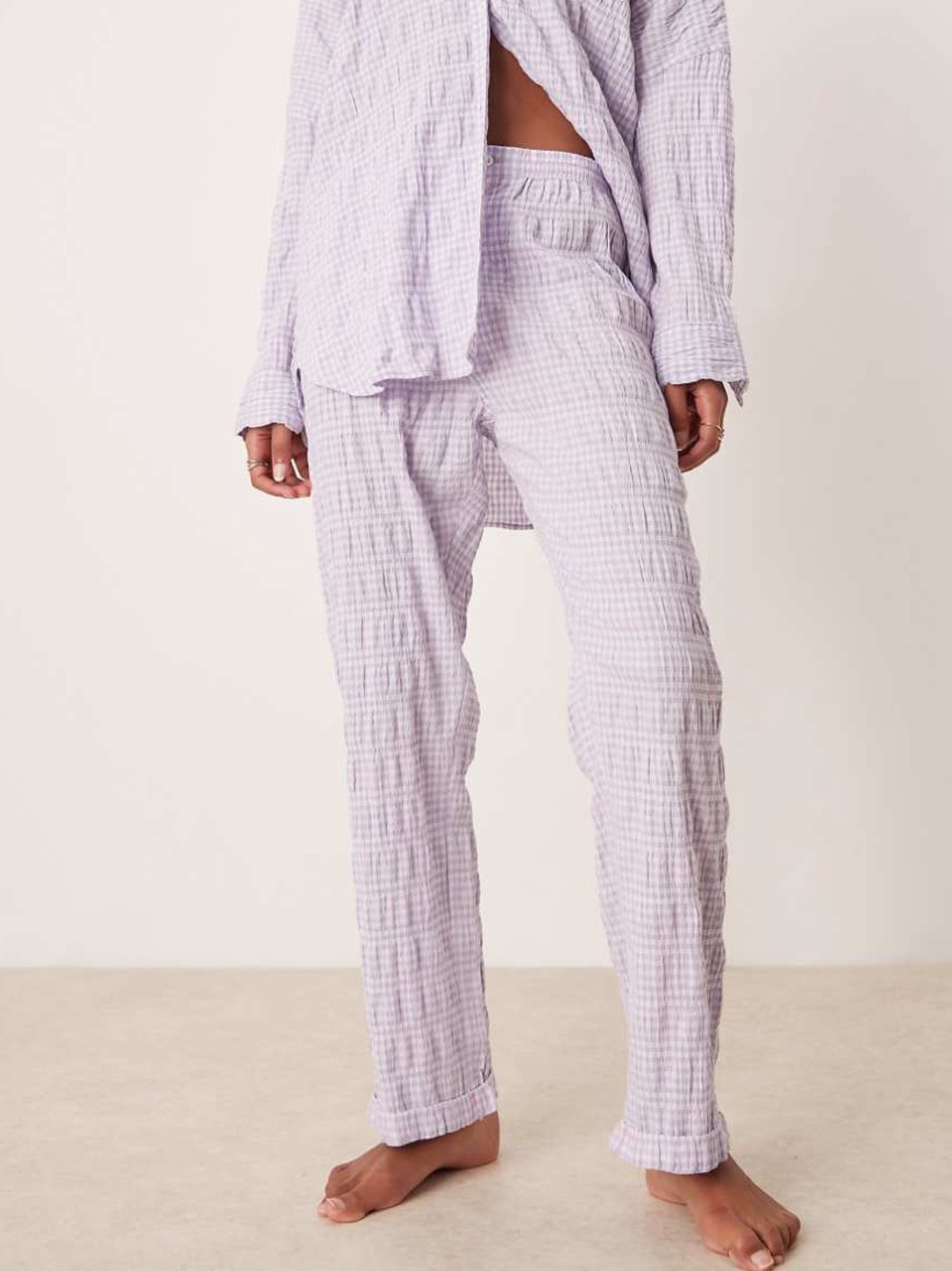 Free People textured pyjama trousers in lilac purple gingham